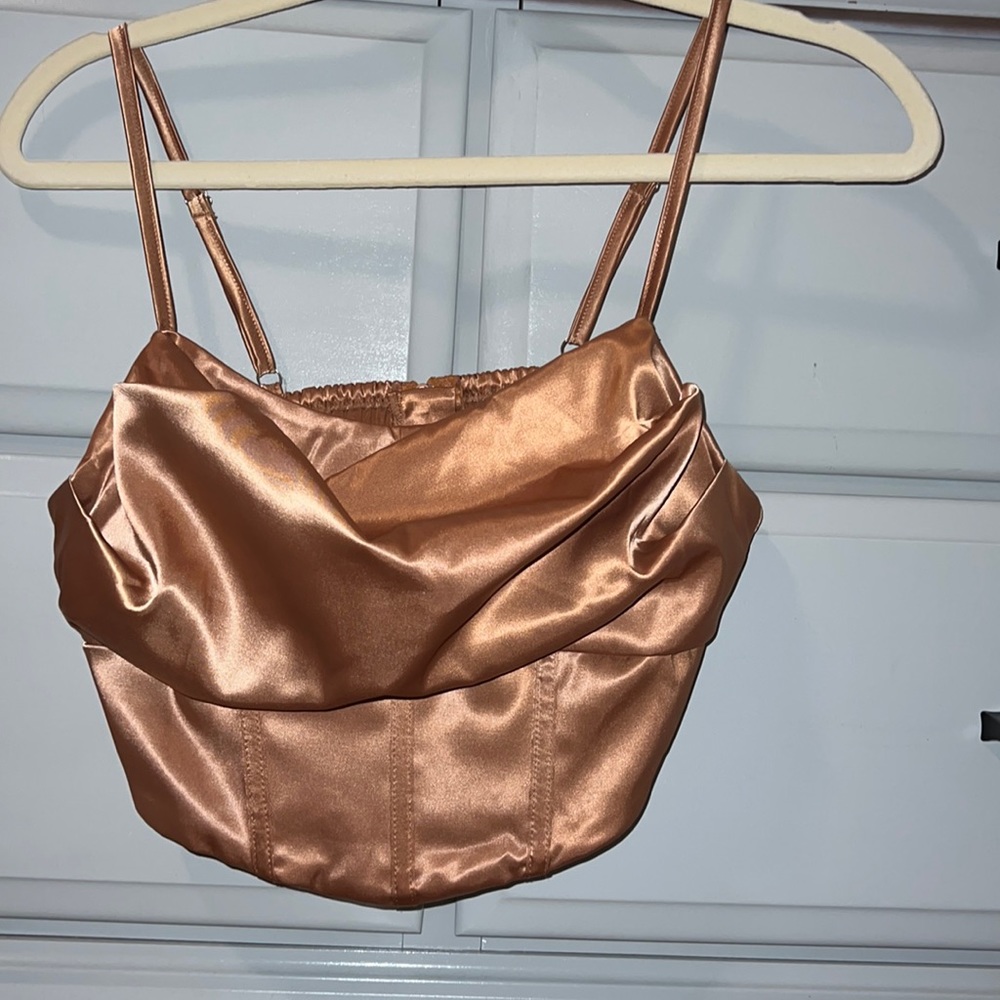 Copper Brown Satin Corset Crop Top - Picture 1 of 3